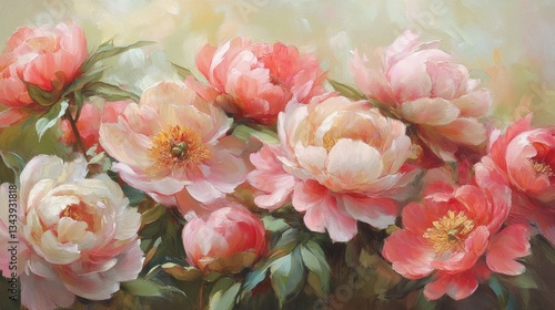 Lush, fully bloomed peonies in delicate shades of pink, blush, and coral, their dewy petals soft and layered with natural detail, glowing gently in the early morning light.