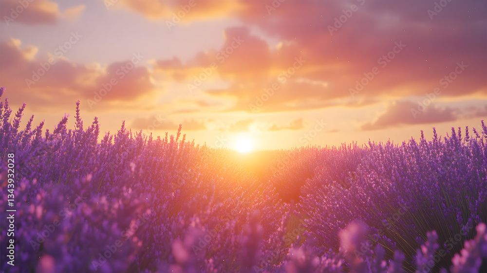 Fototapeta premium Lavender Field in Full Bloom at Sunset with Glowing Sky and Soft Light