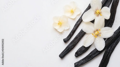 Aromatic vanilla pods and delicate white vanilla flowers against a soft background