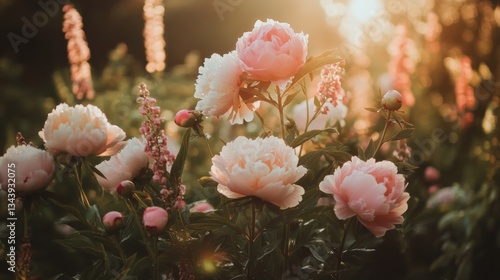 Lush, fully bloomed peonies in delicate shades of pink, blush, and coral, their dewy petals soft and layered with natural detail, glowing gently in the early morning light.