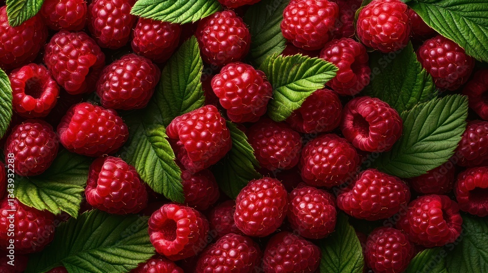 Abundance of Fresh Raspberries with Vibrant Green Leaves Close-up Display Abundance of Fresh Raspberries with Vibrant Green Leaves Close-up Display
