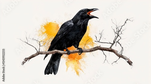 Raven's Call: A striking image captures the essence of a raven perched on a barren branch against a backdrop of an abstract splash of color, portraying the bird's call with artistic expression.