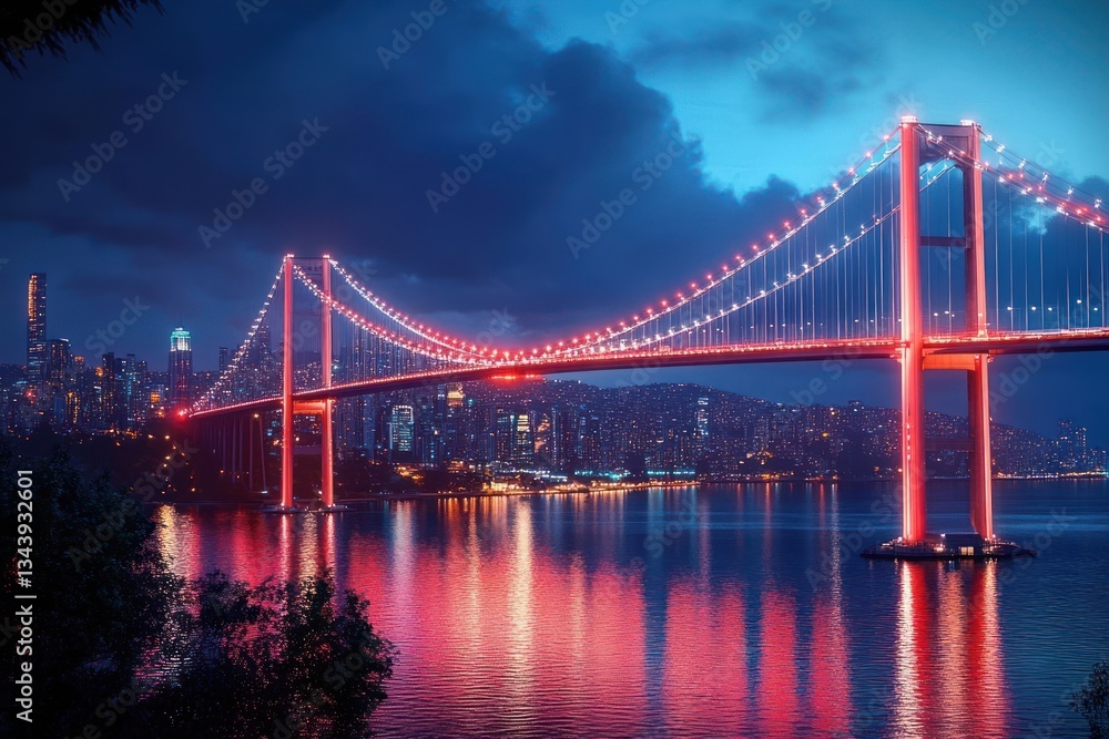Illuminated Suspension Bridge over Calm River at Night with Modern Cityscape Skyline Illuminated Suspension Bridge over Calm River at Night with Modern Cityscape Skyline