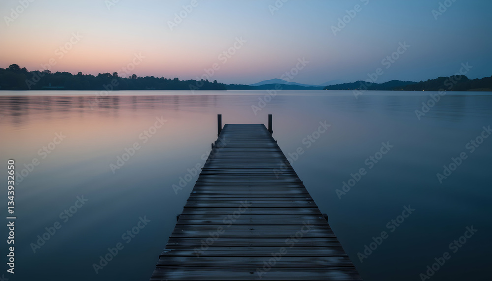 Naklejka premium Serene lake pier at sunset perfect for relaxation meditation and travel advertising campaigns