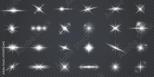 vibrant light and sparkle effect with glowing beams, starlight flares, and magical shine. Perfect for Christmas, party backgrounds, solar energy themes, and abstract festive designs. Vector 