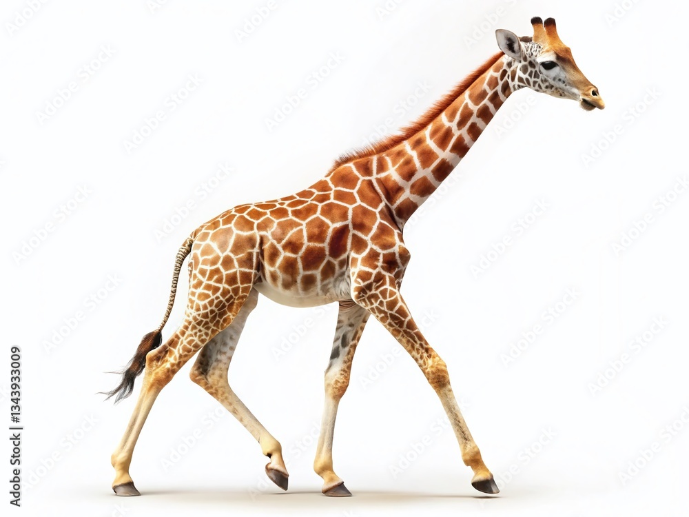 Fototapeta premium Elegant Giraffe Walking, Isolated White Background - Stock Photo