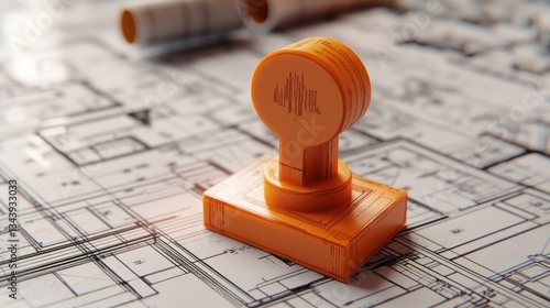 Orange stamp with architectural plans symbolizing project approval concept