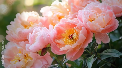 Lush, fully bloomed peonies in delicate shades of pink, blush, and coral, their dewy petals soft and layered with natural detail, glowing gently in the early morning light.