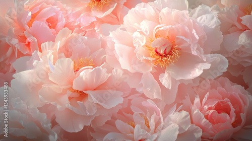Lush, fully bloomed peonies in delicate shades of pink, blush, and coral, their dewy petals soft and layered with natural detail, glowing gently in the early morning light.