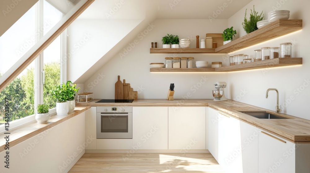 Fototapeta premium Bright rustic attic loft kitchen, creamy walls, compact matte finish kitchen, integrated lighting, wooden open shelves, panoramic garden view