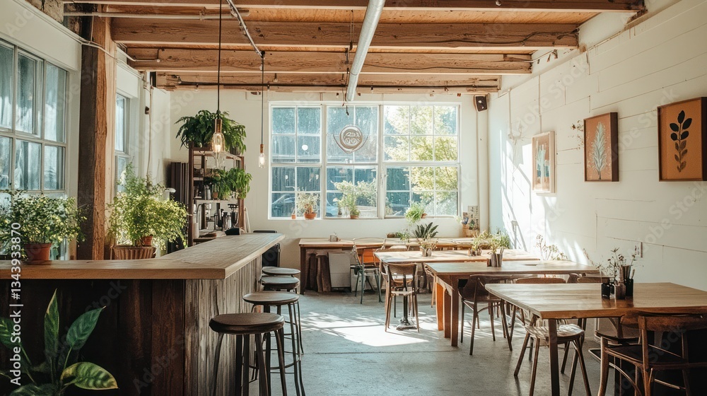 Fototapeta premium Bright, airy cafe with natural wood accents