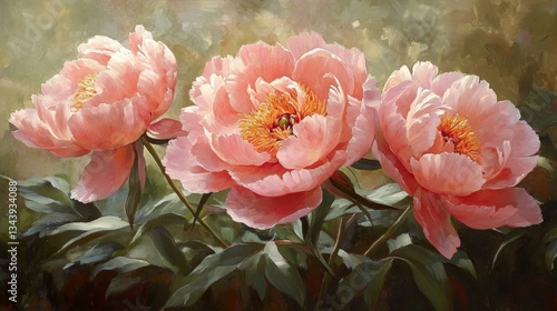 Lush, fully bloomed peonies in delicate shades of pink, blush, and coral, their dewy petals soft and layered with natural detail, glowing gently in the early morning light.