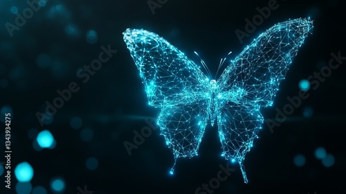 A dazzling blue butterfly made of glowing digital lines and particles, symbolizing transformation and technology.