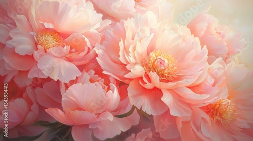 Lush, fully bloomed peonies in delicate shades of pink, blush, and coral, their dewy petals soft and layered with natural detail, glowing gently in the early morning light.