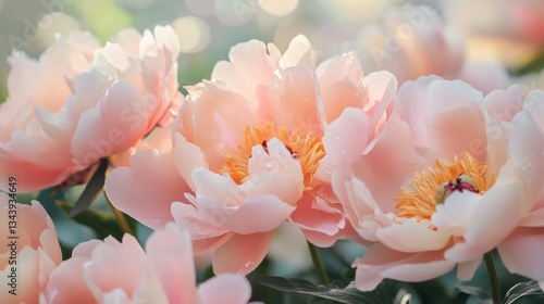 Lush, fully bloomed peonies in delicate shades of pink, blush, and coral, their dewy petals soft and layered with natural detail, glowing gently in the early morning light.