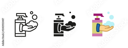 Hand wash icon. Liquid soap vector illustration. Hygiene and cleanliness concept with a sanitizer bottle and foam. Healthcare and antibacterial protection symbol. Skincare and safety pictogram.