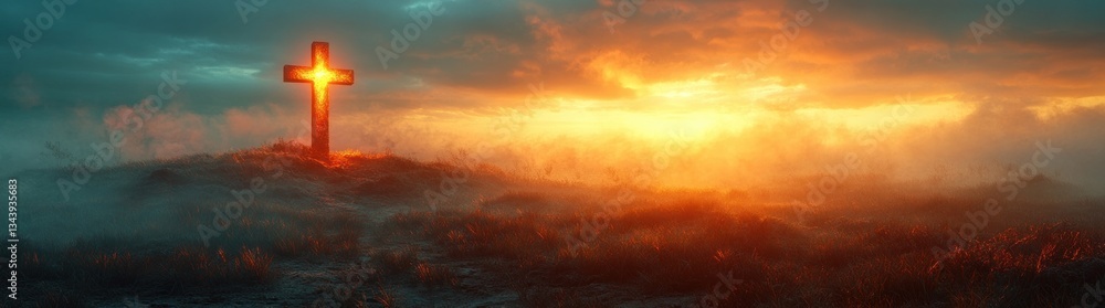 Fototapeta premium Glowing Cross on Hilltop at Sunrise and Sunset, Spiritual Peace and Hope in Christianity, Calvary Concept