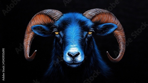   A portrait of a majestic ram with elongated horns against a dark canvas backdrop, featuring an emphatic red dot in the epicenter of its ear