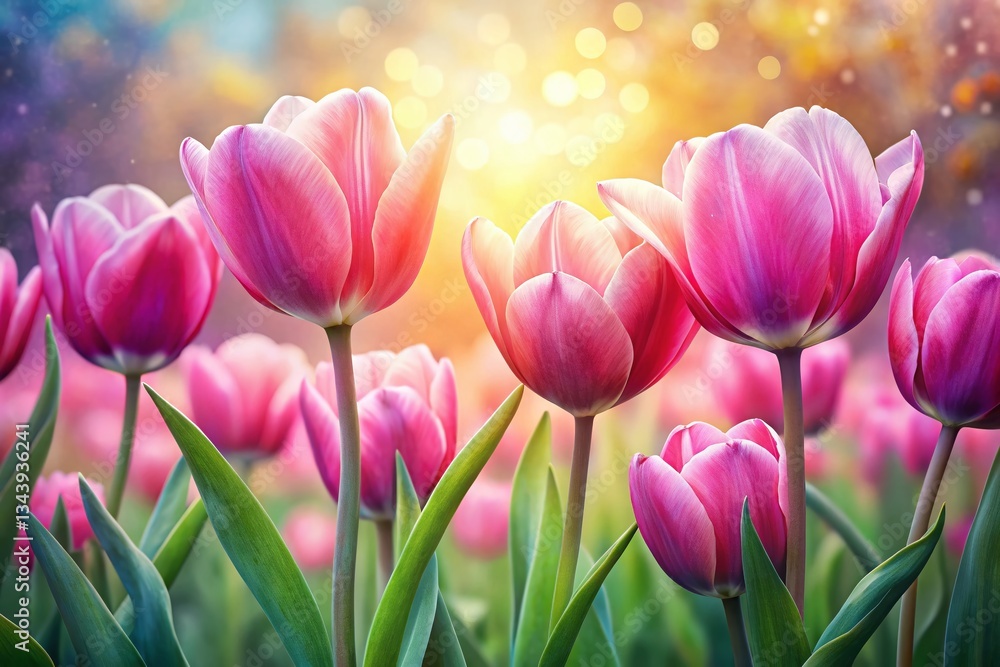 Fototapeta premium Elegant Pink Tulip Field Watercolor Painting - Spring Botanical Art