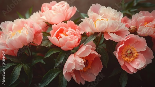 Lush, fully bloomed peonies in delicate shades of pink, blush, and coral, their dewy petals soft and layered with natural detail, glowing gently in the early morning light.