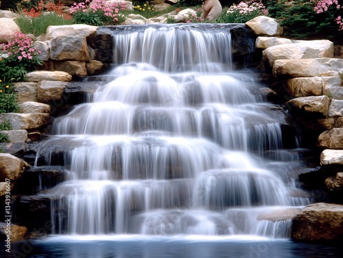 Serene Cascading Waterfall Displaying Natural Beauty And Peaceful Tranquility In Picturesque Garden Scene