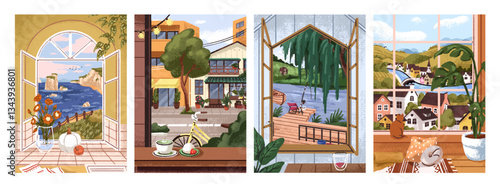 Views from open windows, cards set. Nature and city landscapes from inside cozy home rooms. Flower vase, coffee, cat on windowsill, sea and town scenery outside, postcards. Flat vector illustrations