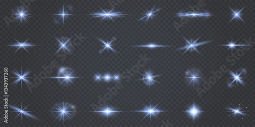 realistic glowing light burst with lens flares, sparkles, and starlight effects. Ideal for magic designs, fireworks visuals, galaxy themes, and festive vector illustrations. Isolated and editable