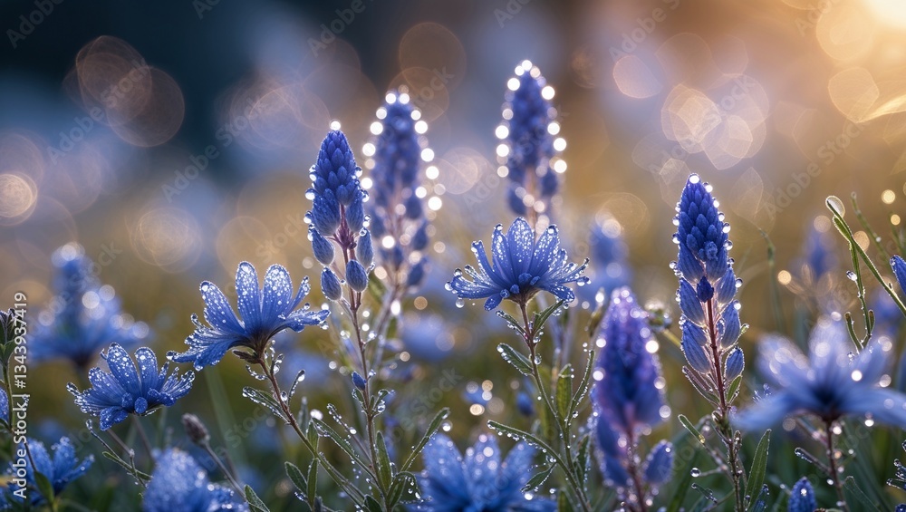 Obraz premium Close-up of blue and purple wildflowers covered in morning dew, golden sunlight highlighting intricate textures, soft blurred background, refreshing and delicate mood