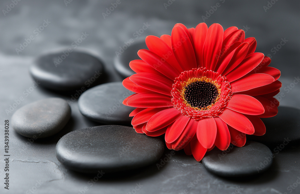 Flat lay of red gerbera daisy and black stones on grey background, spa and wellness concept Flat lay of red gerbera daisy and black stones on grey background, spa and wellness concept