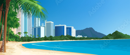 Modern buildings along the shore with sandy beaches and azure ocean waters. Tall palm trees, lots of greenery. The blue sky. The tropical landscape of the metropolis. Vector