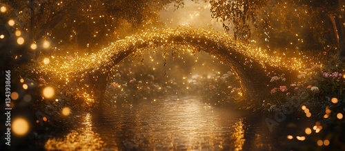 Magical bridge over glowing river in enchanted forest.