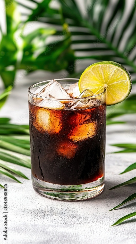 a drink in a glass with ice and a lemon slice on a table surrounded by palm leaves a drink in a glass with ice and a lemon slice on a table surrounded by palm leaves