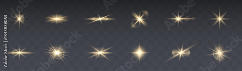 Golden starburst light with sparkles, shimmering flares, and glowing particles. Perfect for festive celebrations, magical moments, abstract effects, and bright decorative vector designs	