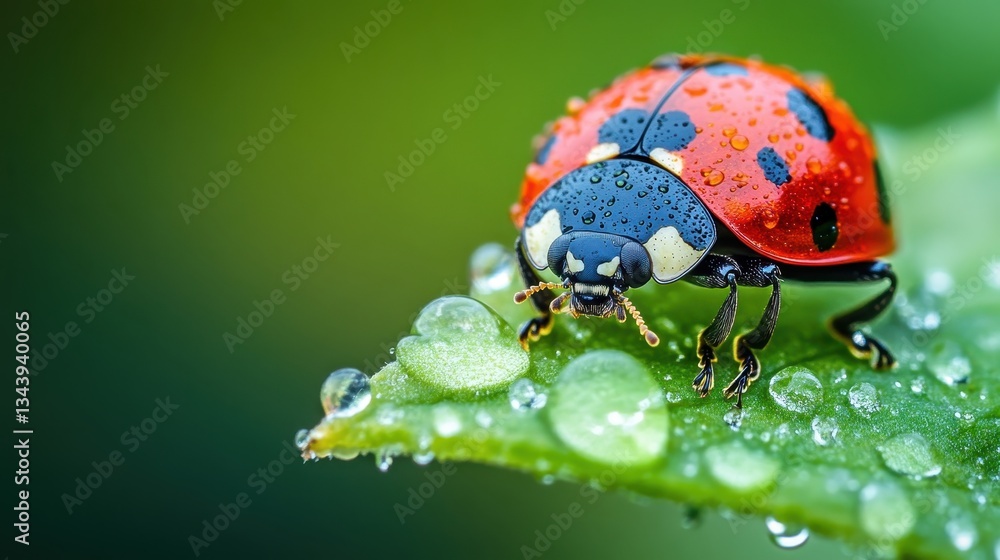 Fototapeta premium Vibrant Red Ladybug with Water Droplets on Green Leaf Surface