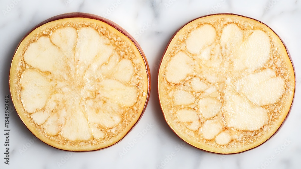 Sliced eggplant on marble countertop Sliced eggplant on marble countertop