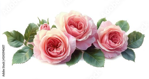 Pink Rose Flowers and Green Leaves Floral Arrangement Isolated on White Background