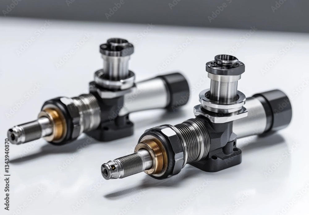Isolated automotive injection components showcasing a steel rod pump design. Isolated automotive injection components showcasing a steel rod pump design.