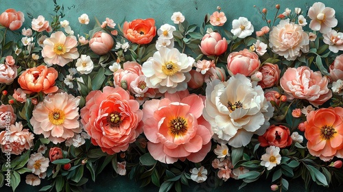 Vibrant floral arrangement featuring peonies and roses on a teal background