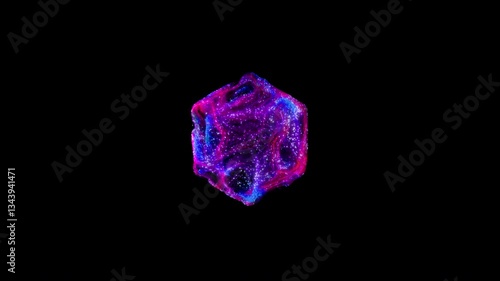 hexagon symbol reveals with multicolor fast moving particles that form storm-like structures that shine, glow and slowly disappear. Abstract 3d animation on transparent background.