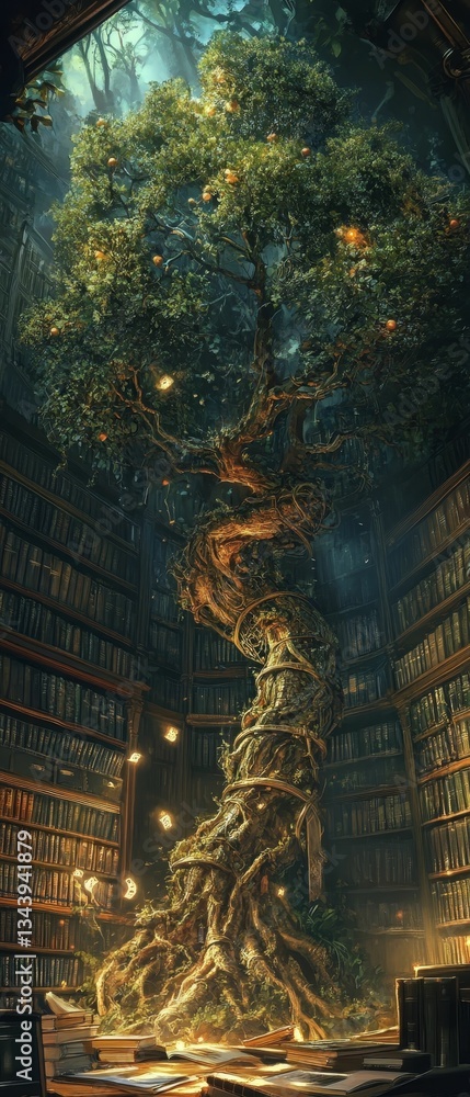Obraz premium Enchanted tree grows within library room.