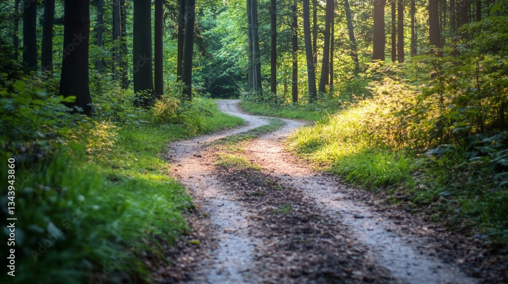 Fototapeta premium Two diverging forest paths: one overgrown, the other well-kept, symbolizing choices between tradition and progress.