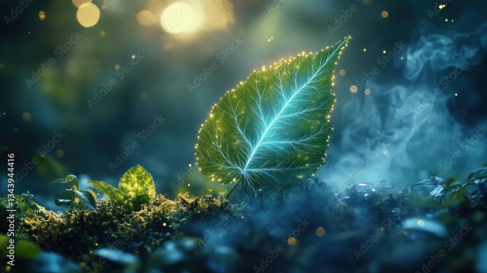 Fototapeta premium Glowing leaf in mystical forest