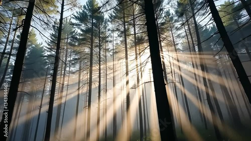 Wallpaper Mural Sunbeams Illuminate Misty Pine Forest at Dawn Torontodigital.ca