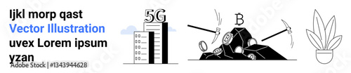 5G network tower with skyscraper, cryptocurrency mining with pickaxes and Bitcoin coin, potted plant design. Ideal for technology, finance, networking, sustainability, investment, digital trends