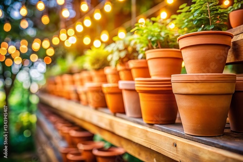 Obraz na płótnie Empty Clay Flower Pots Garden Center Display Bokeh - Ready for Planting w salonie