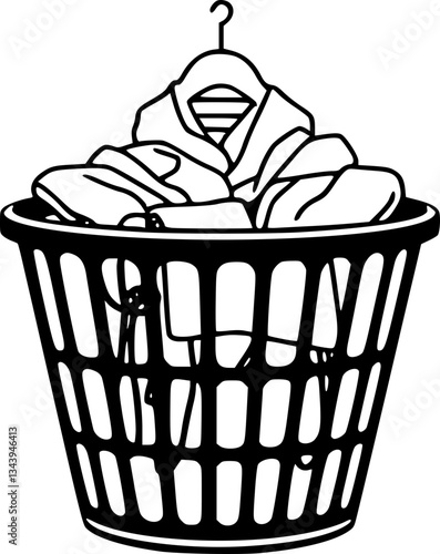 Monochrome laundry basket with clothes black and white minimalistic illustration simple line art design household object organization cleaning everyday life home decor textile washing