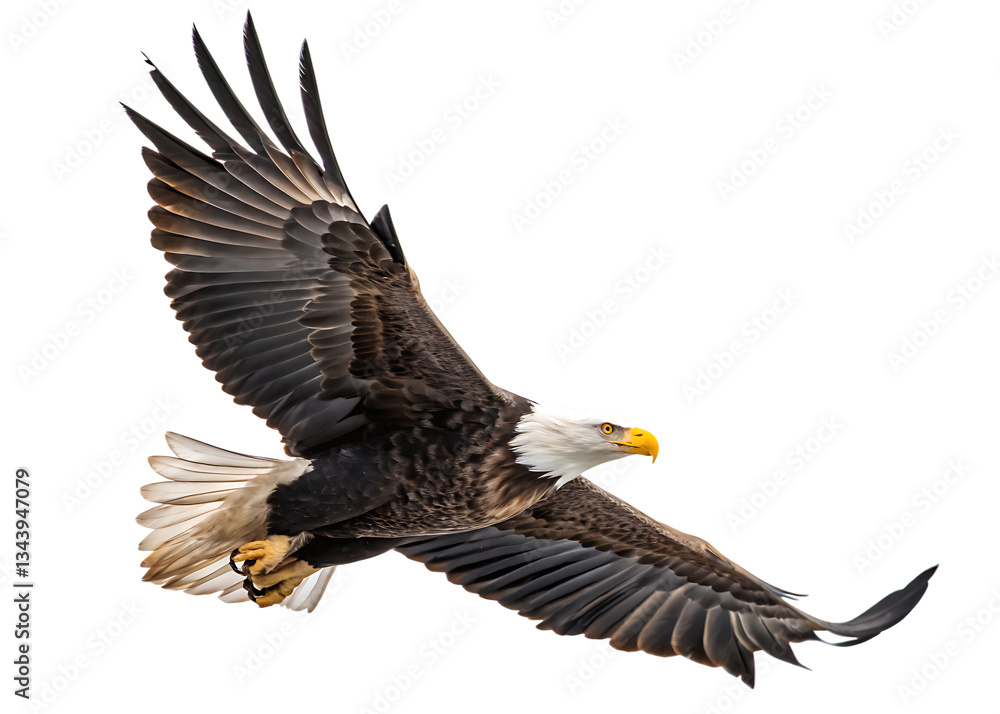 Fototapeta premium spread wing bald eagle soars in the sky isolate on white background png. AI Generated 