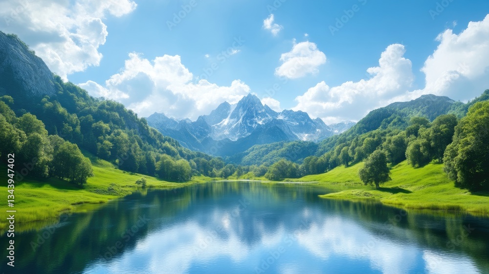 Serene mountain lake landscape. Lush green valley reflects in calm water, surrounded by snow-capped peaks. Sunny day with fluffy clouds Serene mountain lake landscape. Lush green valley reflects in calm water, surrounded by snow-capped peaks. Sunny day with fluffy clouds