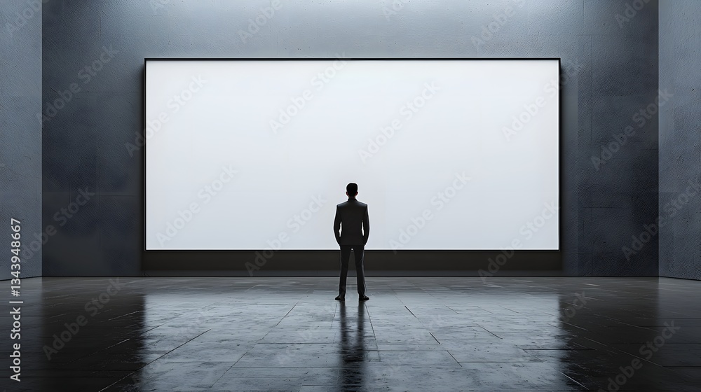 A businessman stands before a large blank billboard in a minimalist modern gallery space showcasing its immense size and potential for impactful advertising or art display. A businessman stands before a large blank billboard in a minimalist modern gallery space showcasing its immense size and potential for impactful advertising or art display.
