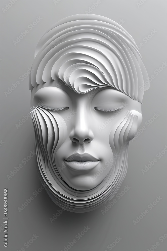 A sculptural representation of a human face features smooth, flowing lines and a calming expression. The minimalist design evokes tranquility, inviting contemplation of human emotion A sculptural representation of a human face features smooth, flowing lines and a calming expression. The minimalist design evokes tranquility, inviting contemplation of human emotion